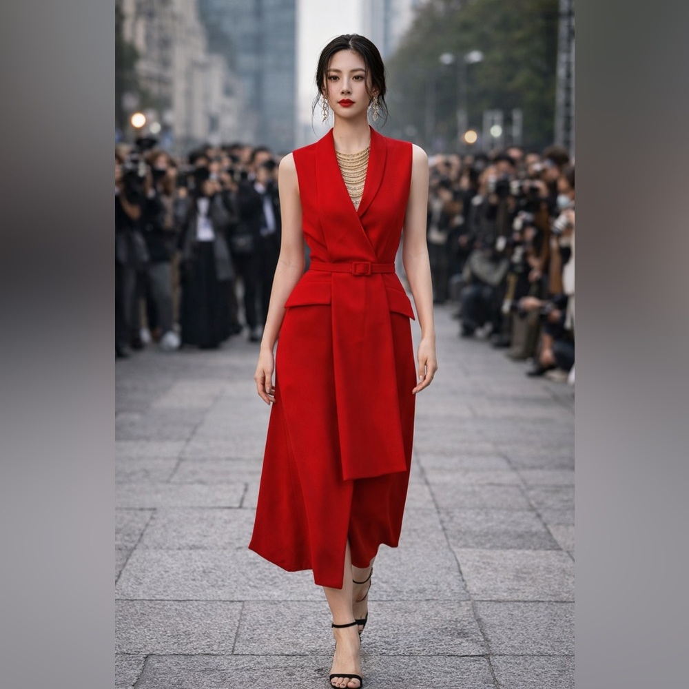 Red Sleeveless Belted V-Neck Bodycon Dress โ NEW